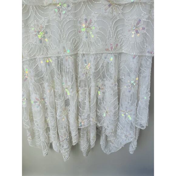 VTG Megere White Sequin Beaded Dress M Long Sleeve Ruffle Hem Formal Wedding - Picture 3 of 10